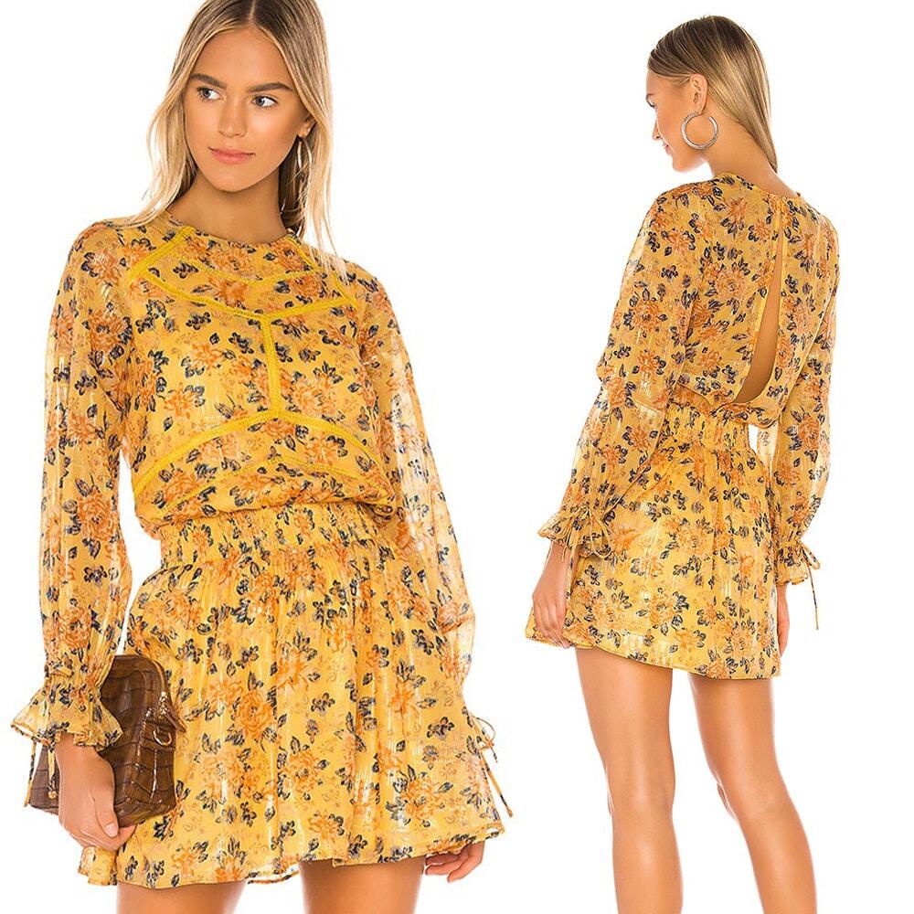 TULAROSA Camden Metallic Yellow Floral Ruffle Long Sleeve Dress SMALL